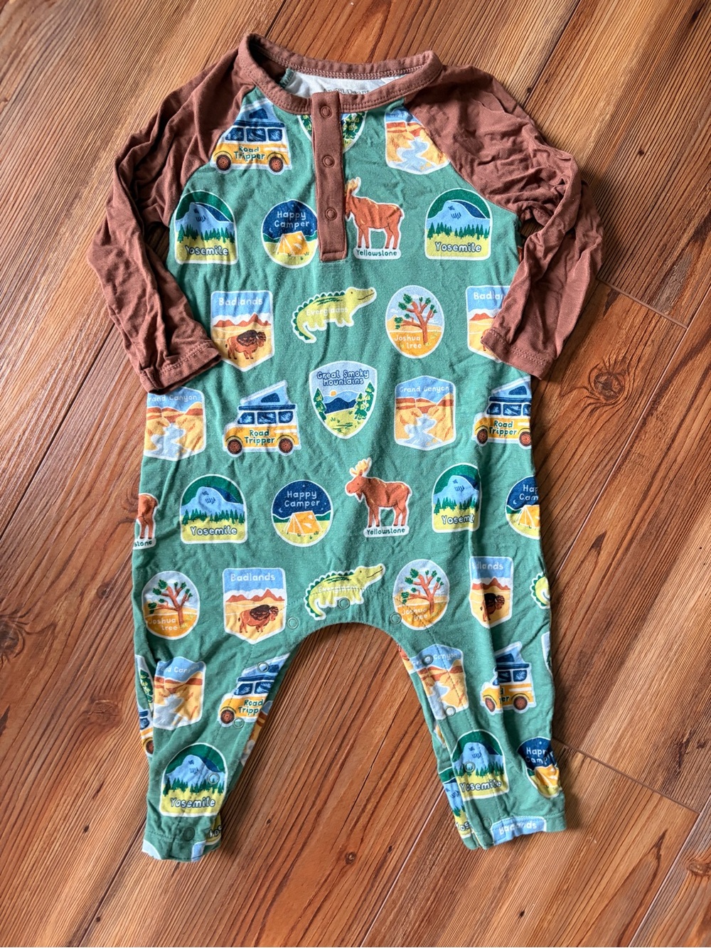 Angel Dear Green Camping Patch Print Bamboo with Brown Sleeves